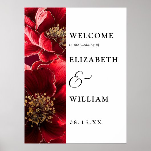 Burgundy Red Elegant Floral Wedding Welcome Sign Poster (Vorne)