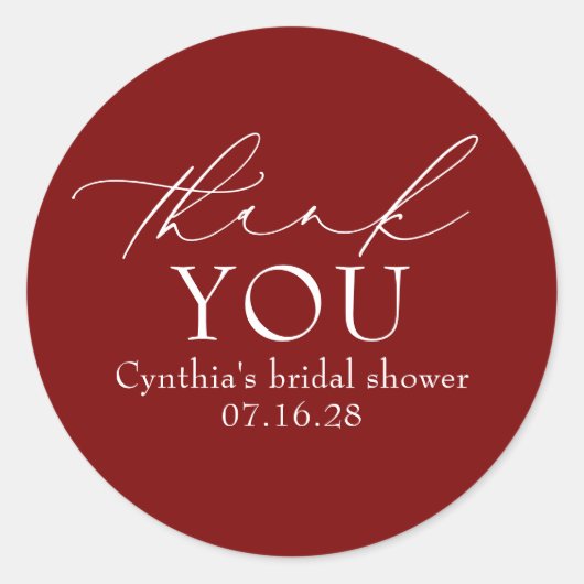 Burgundy Red Elegant Script Modern Thank You Runder Aufkleber (Vorderseite)