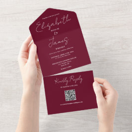 Burgundy Red Elegant Script QR Code Wedding All In One Einladung