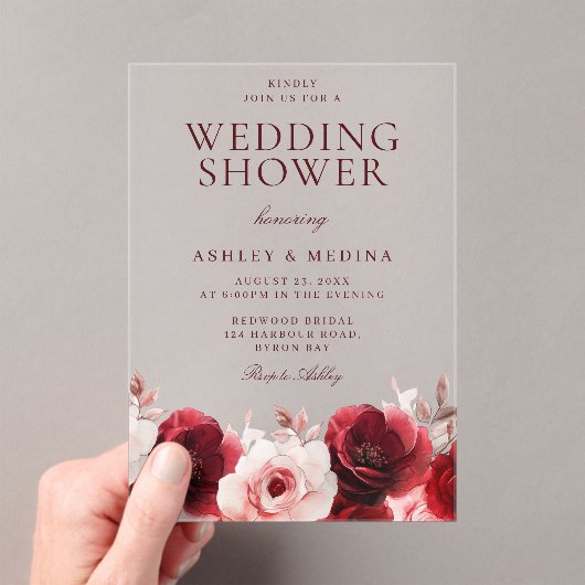 Burgundy Red Elegante: Rote Rose Polterabend Acryleinladungen (Insitu (Handheld))