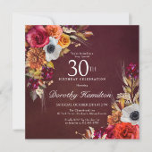 Burgundy Red Fall Blume Script 30. Geburtstag Einladung (Vorderseite)