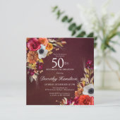 Burgundy Red Fall Blume Script 50. Geburtstag Einladung (Stehend Vorderseite)