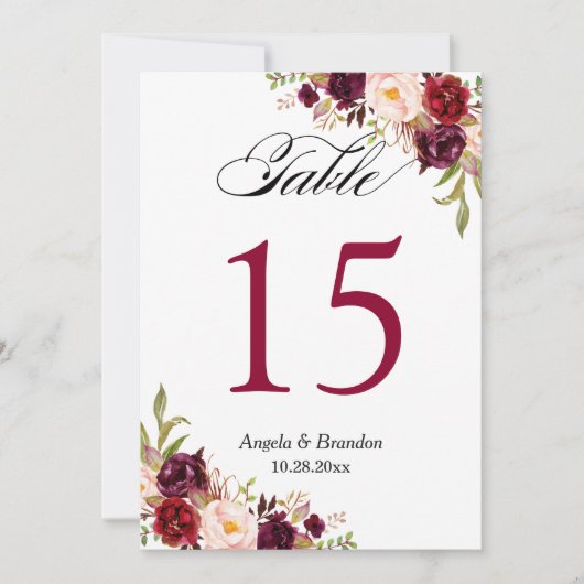 Burgundy Red Floral 12x18 Wedding Tischnummer (Vorderseite)