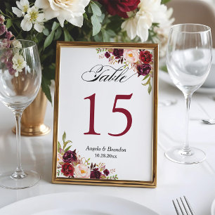 Burgundy Red Floral 12x18 Wedding Tischnummer