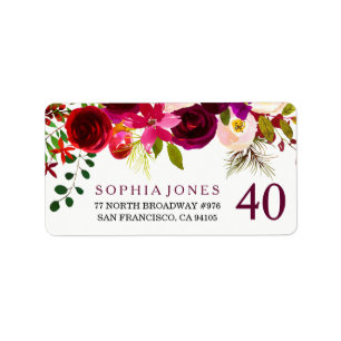 Burgundy Red Floral 40. Geburtstagsadresse Label Adressaufkleber