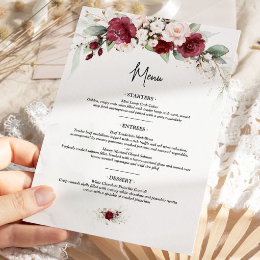 Burgundy Red Floral 4x9 Menü Menükarte