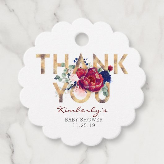 Burgundy Red Floral Baby Dusche Vielen Dank Geschenkanhänger (Vorderseite)