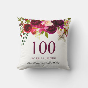 Burgundy Red Floral Boho 100. Geburtstagsgeschenk Kissen