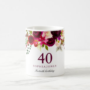 Burgundy Red Floral Boho 40. Geburtstagsgeschenk Kaffeetasse