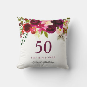 Burgundy Red Floral Boho 50. Geburtstagsgeschenk Kissen