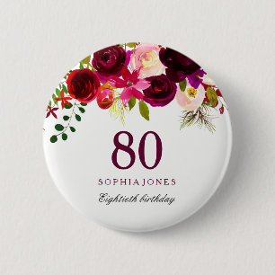 Burgundy Red Floral Boho 80. Geburtstagsparty Button