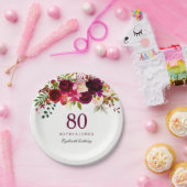 Burgundy Red Floral Boho 80. Geburtstagsparty Pappteller (Party)