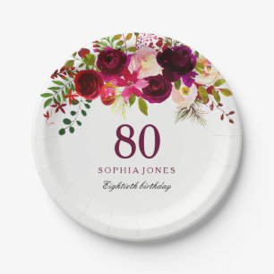 Burgundy Red Floral Boho 80. Geburtstagsparty Pappteller