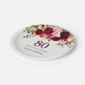 Burgundy Red Floral Boho 80. Geburtstagsparty Pappteller (Schrägansicht)