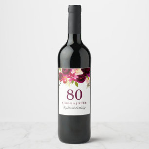 Burgundy Red Floral Boho 80. Geburtstagsparty Weinetikett