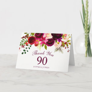 Burgundy Red Floral Boho 90. Geburtstag Vielen Dan Dankeskarte