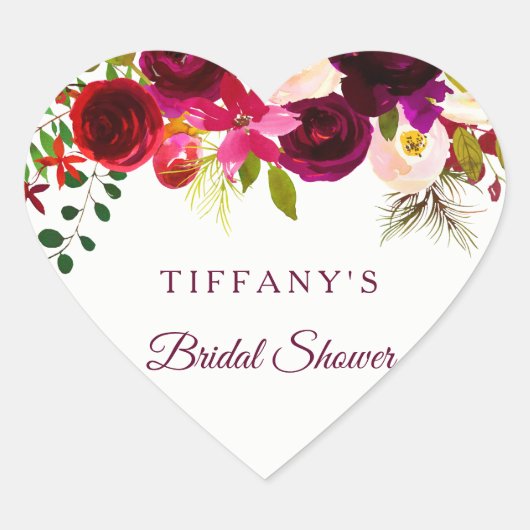 Burgundy Red Floral Boho Bevorzugung Siegel Brautp Herz-Aufkleber (Vorderseite)