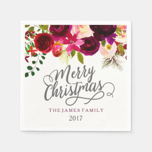 Burgundy Red Floral Boho Frohe Weihnachts-Party Serviette