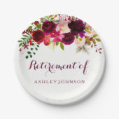 Burgundy Red Floral Boho Retirement Party Pappteller (Vorderseite)