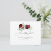 Burgundy Red Floral Boho Save the Date Postkarte (Stehend Vorderseite)