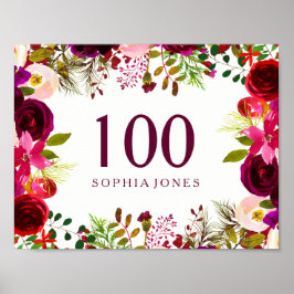 Burgundy Red Floral Boho Sign 100. Geburtstagspart Poster