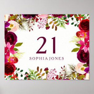 Burgundy Red Floral Boho Sign 21. Geburtstag Party Poster