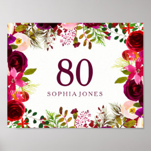 Burgundy Red Floral Boho Sign 80. Geburtstagsparty Poster