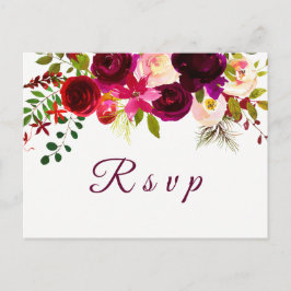 Burgundy Red Floral Boho Wedding RSVP Postkarte