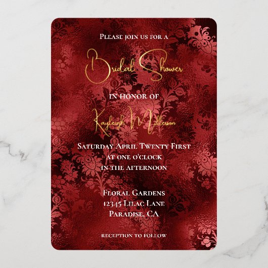 Burgundy Red Floral Brautparty Folieneinladung (Vorderseite)