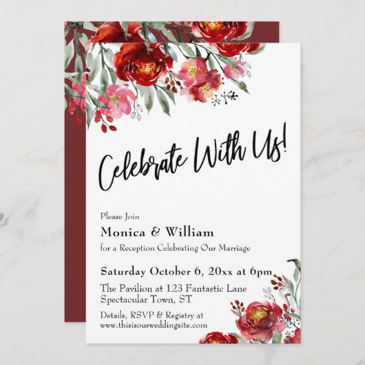 Burgundy Red Floral Celebrate mit US Typografie Einladung (Vorne/Hinten)