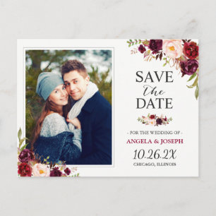 Burgundy Red Floral Chic Save the Date Foto Ankündigungspostkarte