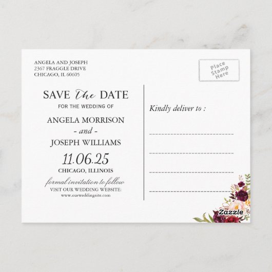 Burgundy Red Floral Chic Save the Date Foto Postkarte (Rückseite)