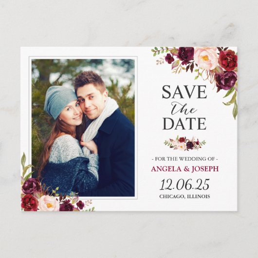 Burgundy Red Floral Chic Save the Date Foto Postkarte (Vorderseite)