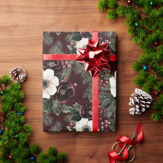Burgundy Red Floral Christmas Geschenkpapier (Feiertagsgeschenk)