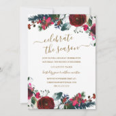 Burgundy Red Floral Christmas Party Einladung (Vorderseite)