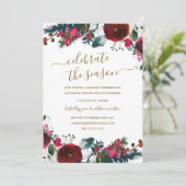 Burgundy Red Floral Christmas Party Einladung (Stehend Vorderseite)