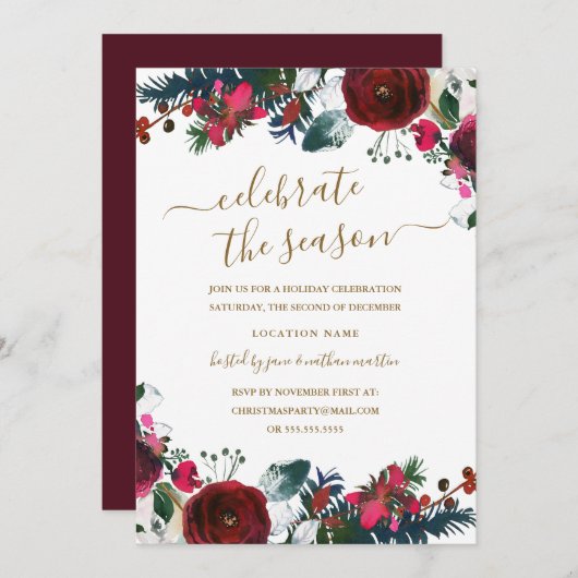 Burgundy Red Floral Christmas Party Einladung (Vorne/Hinten)