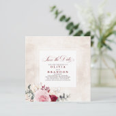 Burgundy Red Floral Elegant Save the Date Ankündigung (Stehend Vorderseite)