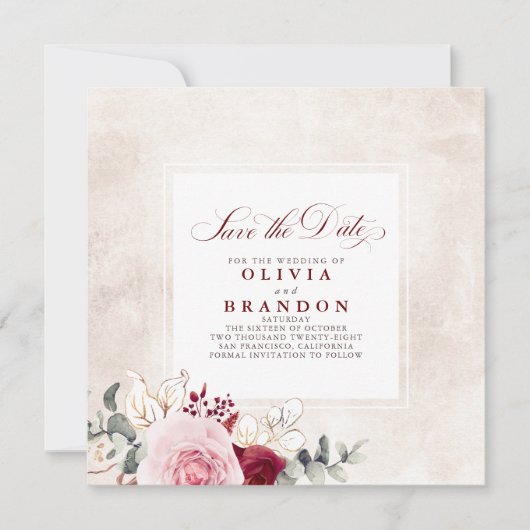 Burgundy Red Floral Elegant Save the Date Ankündigung (Vorderseite)