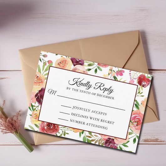 Burgundy Red Floral Elegante Wedding RSVP Card