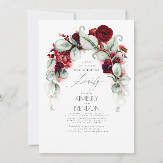 Burgundy Red Floral Engagement Party Einladung (Vorderseite)