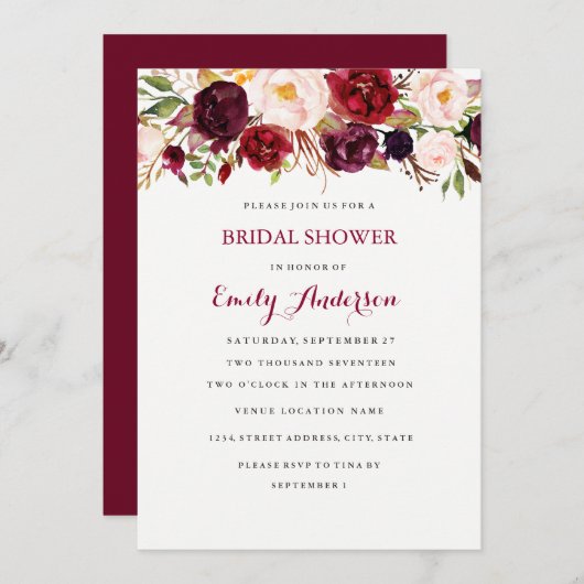 Burgundy Red Floral Fall Brautparty Card Einladung (Vorne/Hinten)