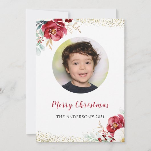 Burgundy Red Floral Family Picture Christmas Party Einladung (Vorderseite)