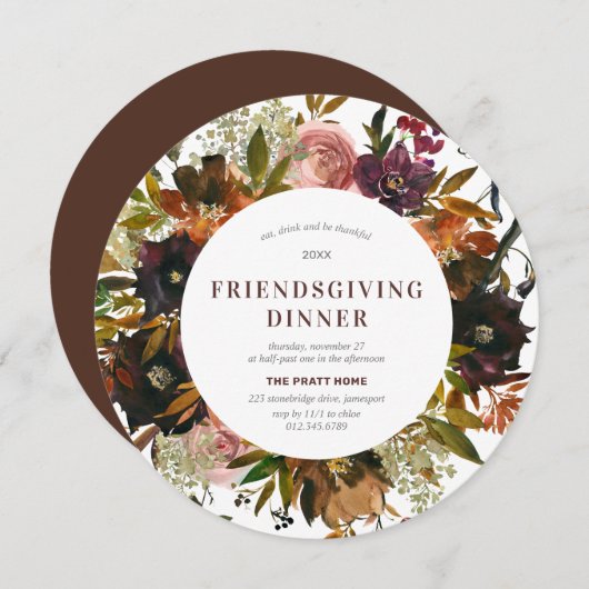Burgundy Red Floral Friendsgiving Modern Einladung (Vorne/Hinten)