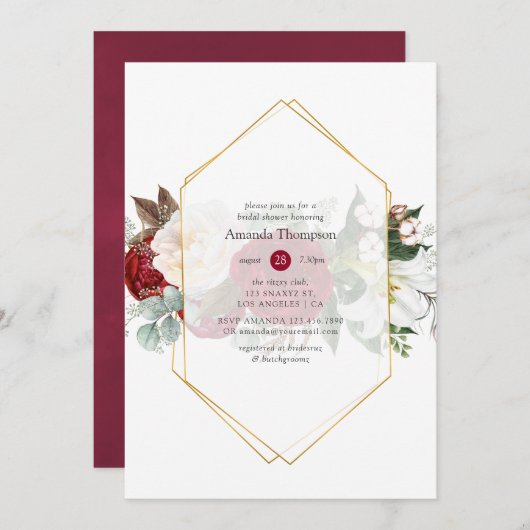 Burgundy Red Floral Geometric Brautparty Einladung (Vorne/Hinten)