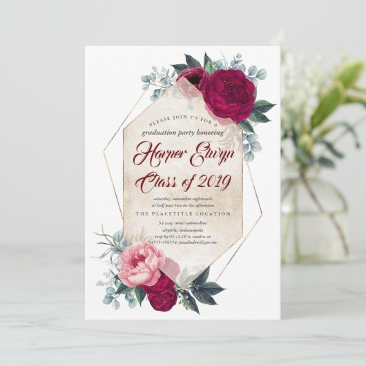 Burgundy Red Floral Geometric Fall Abschluss Einladung (Stehend Vorderseite)