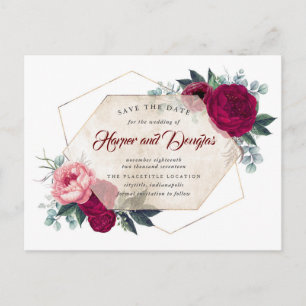 Burgundy Red Floral Geometric Fall Save the Date Ankündigungspostkarte