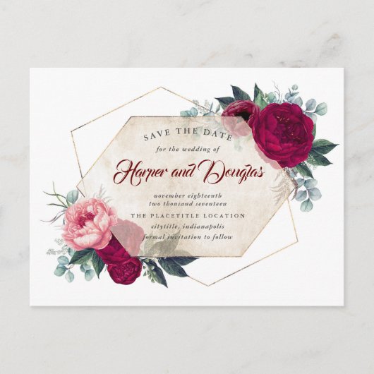 Burgundy Red Floral Geometric Fall Save the Date Ankündigungspostkarte (Vorderseite)