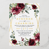 Burgundy Red Floral Geometric Foto Wedding Gold Folieneinladung (Vorderseite)