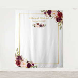 Burgundy Red Floral Gold Rahmen Hochzeitskulisse Wandteppich